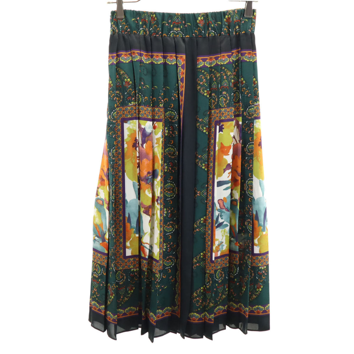 AMERI UNDRESSED アメリ スカーフモチーフプリント ロング丈 プリーツスカート グリーン レディース