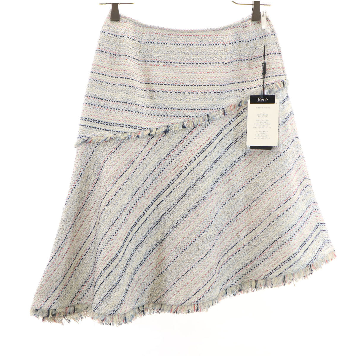 未使用 Rene ルネ 日本製 ミディ丈 TISSUE社 ツイード アシメ フレアスカート 36 ホワイト レディース
