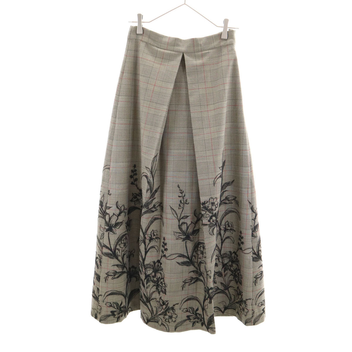AMERI UNDRESSED アメリ グレンチェック 花刺繍 ロング丈 フレアスカート M グレージュ レディース