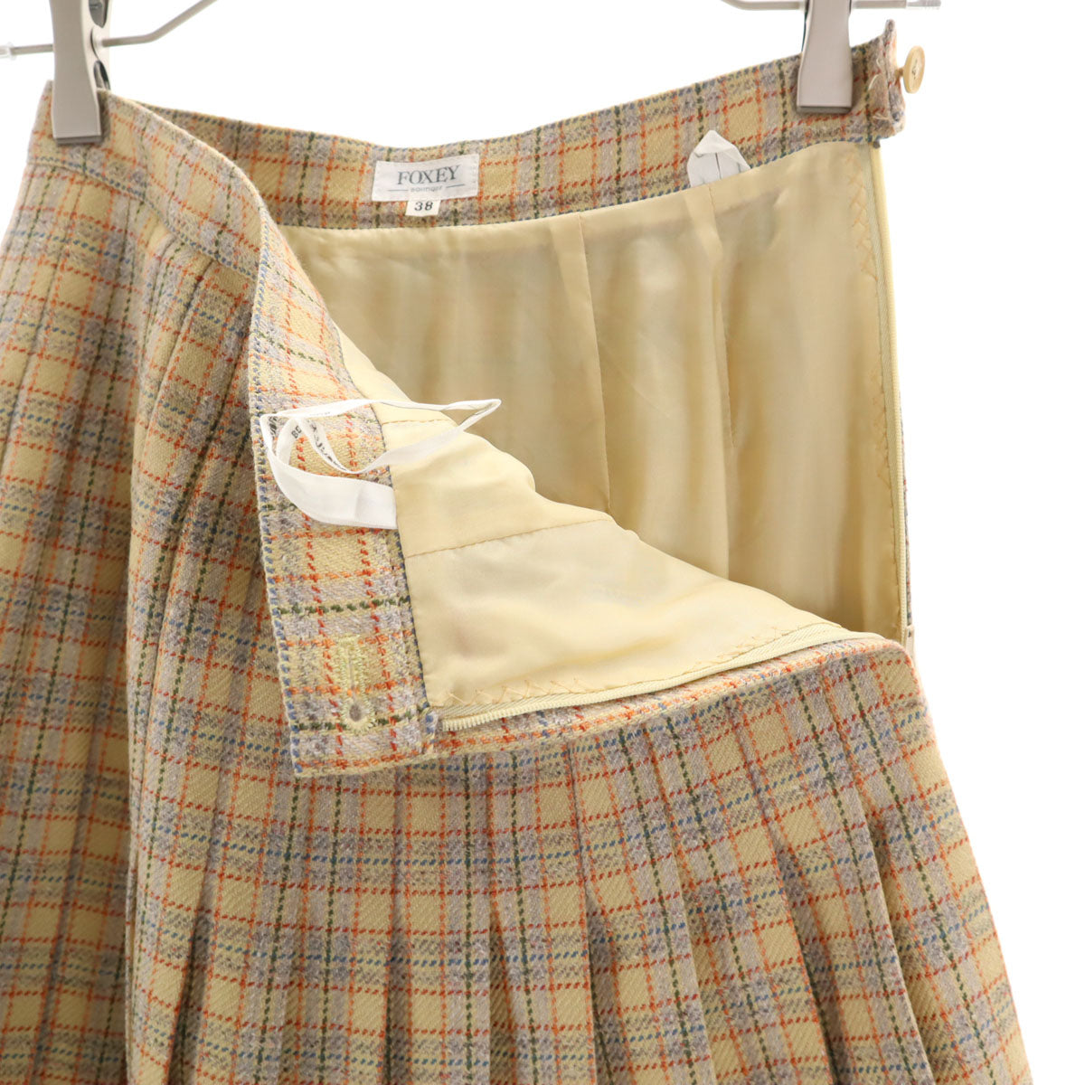 FOXEY フォクシー 日本製 ウールブレンド チェック ミニ丈 プリ-ツ プリーツスカート 38 ベージュ系 レディース