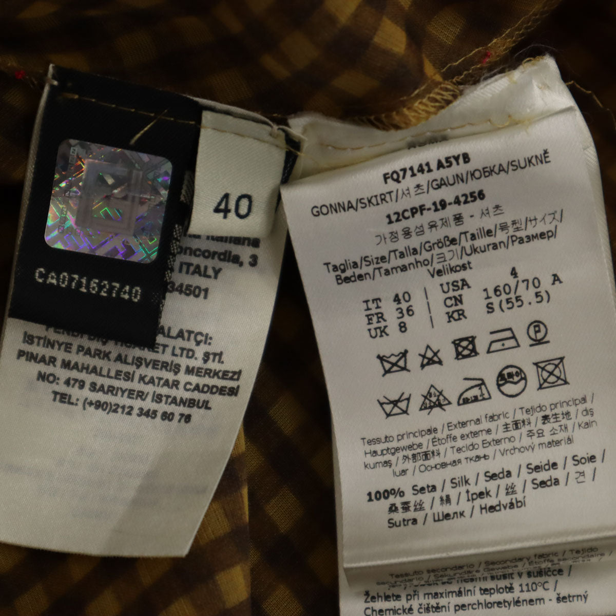 FENDI フェンディ 未使用 イタリア製 チェック柄 ロングスカート 40 イエロー系 ウエストゴム タグ付き レディース