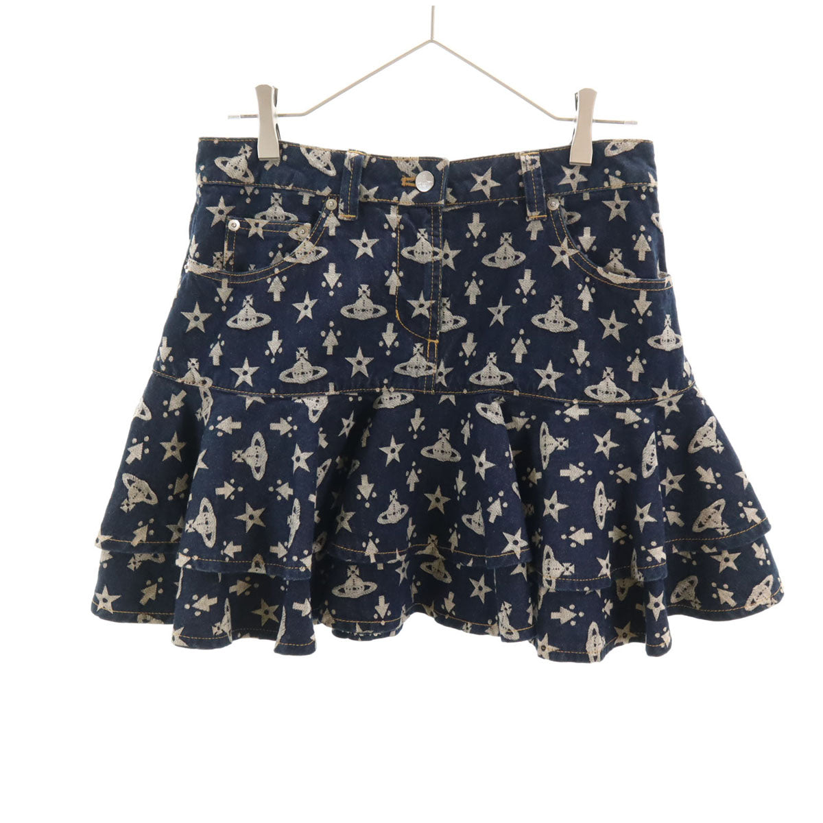 Vivienne Westwood RED LABEL ヴィヴィアンウエストウッドレッドレーベル 日本製 オーブ柄 ミニ丈 デニム ティアードスカート 2 インディゴ レディース
