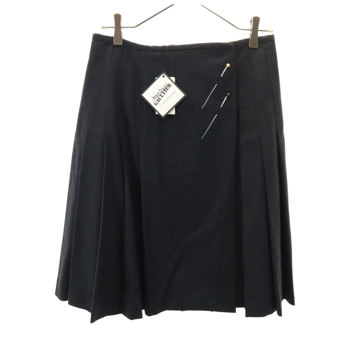 未使用 JEAN-PAUL GAULTIER ジャンポールゴルチエ ミディ丈 フラノウール ラップ プリーツスカート 42 チャコールグレー レディース