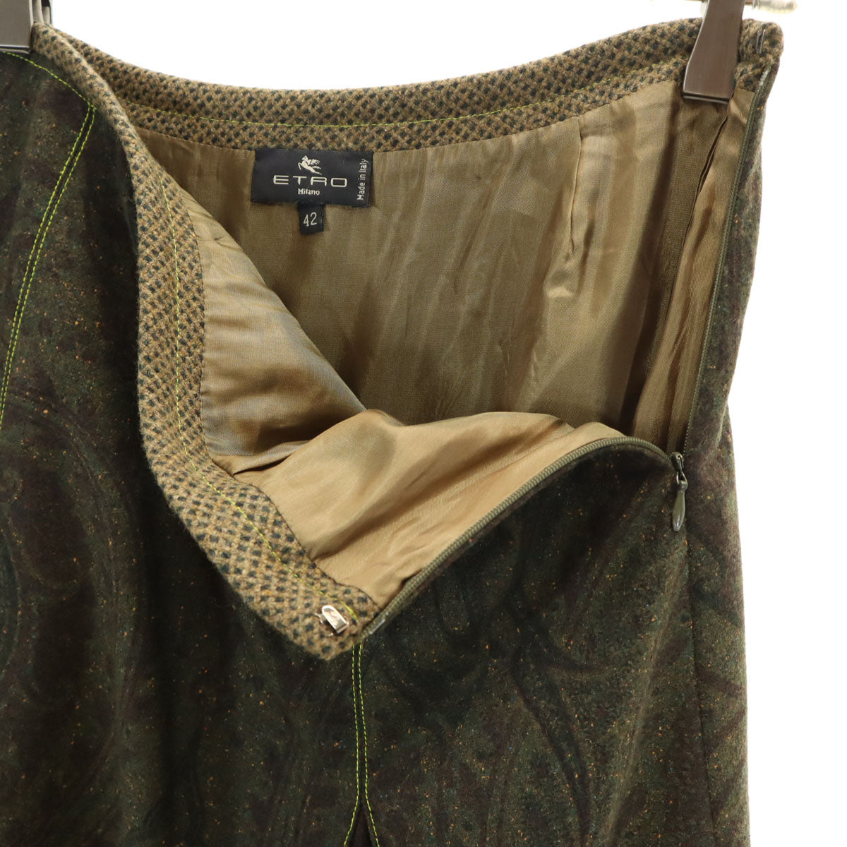 ETRO エトロ イタリア製 シルクブレンド 総柄 ミモレ丈 ボックス プリーツスカート 42 カーキ レディース
