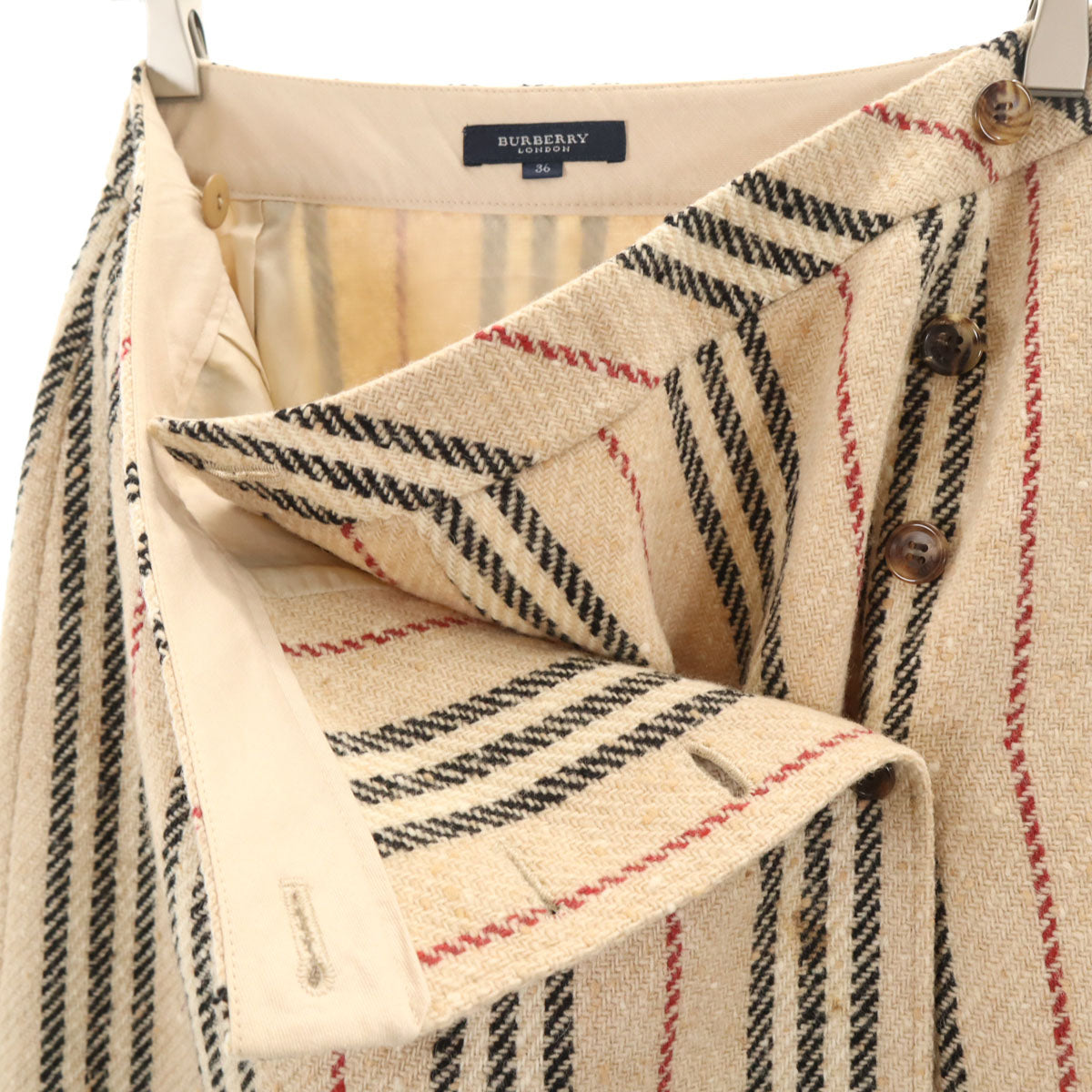 BURBERRY LONDON バーバリーロンドン ストライプ柄 ミモレ丈 ツイード ラップスカート 36 ベージュ 三陽商会 レディース