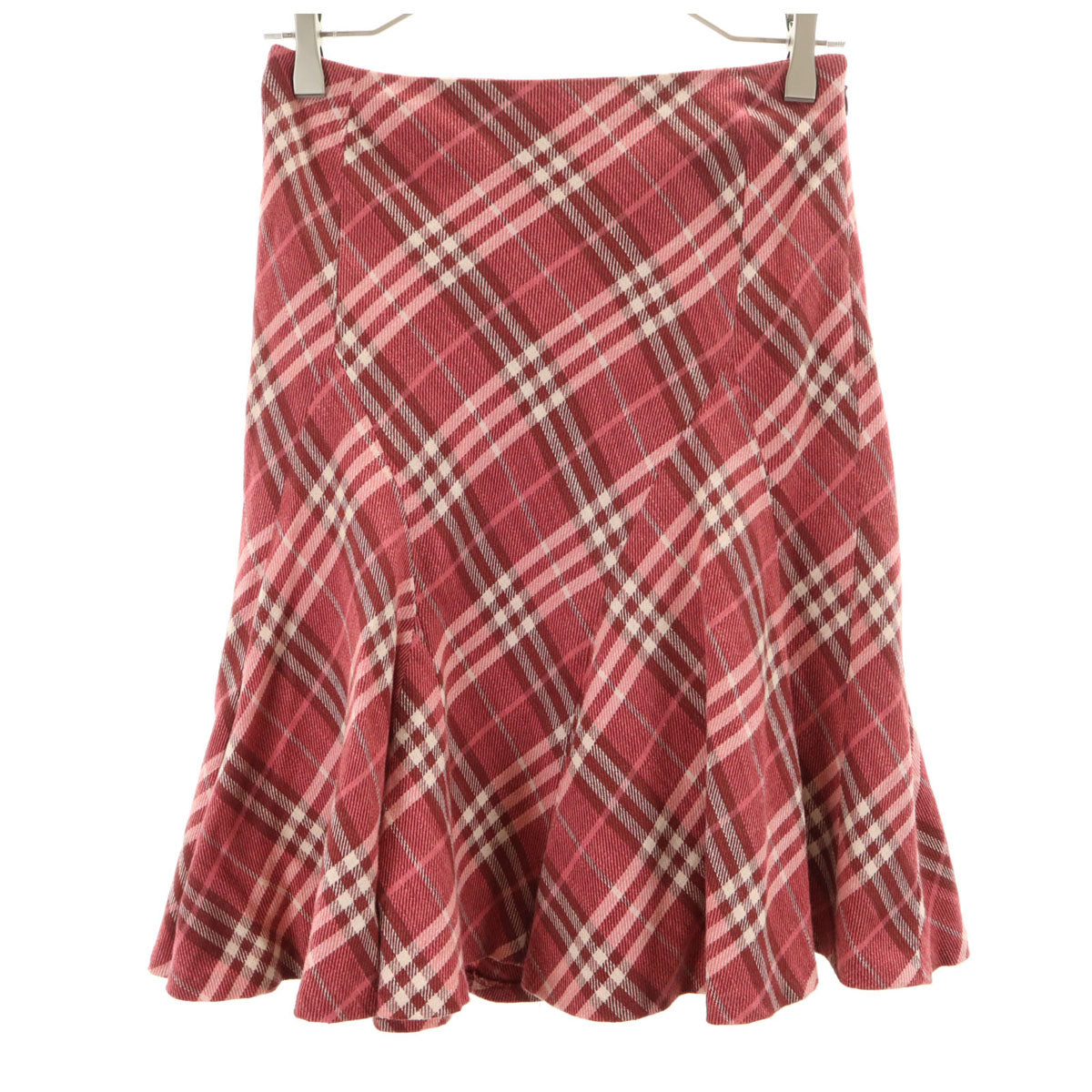 BURBERRY BLUE LABEL バーバリーブルーレーベル 日本製 リネンブレンド チェック柄 ミディ丈 フレアスカート 36 ピンク系 三陽商会 レディース