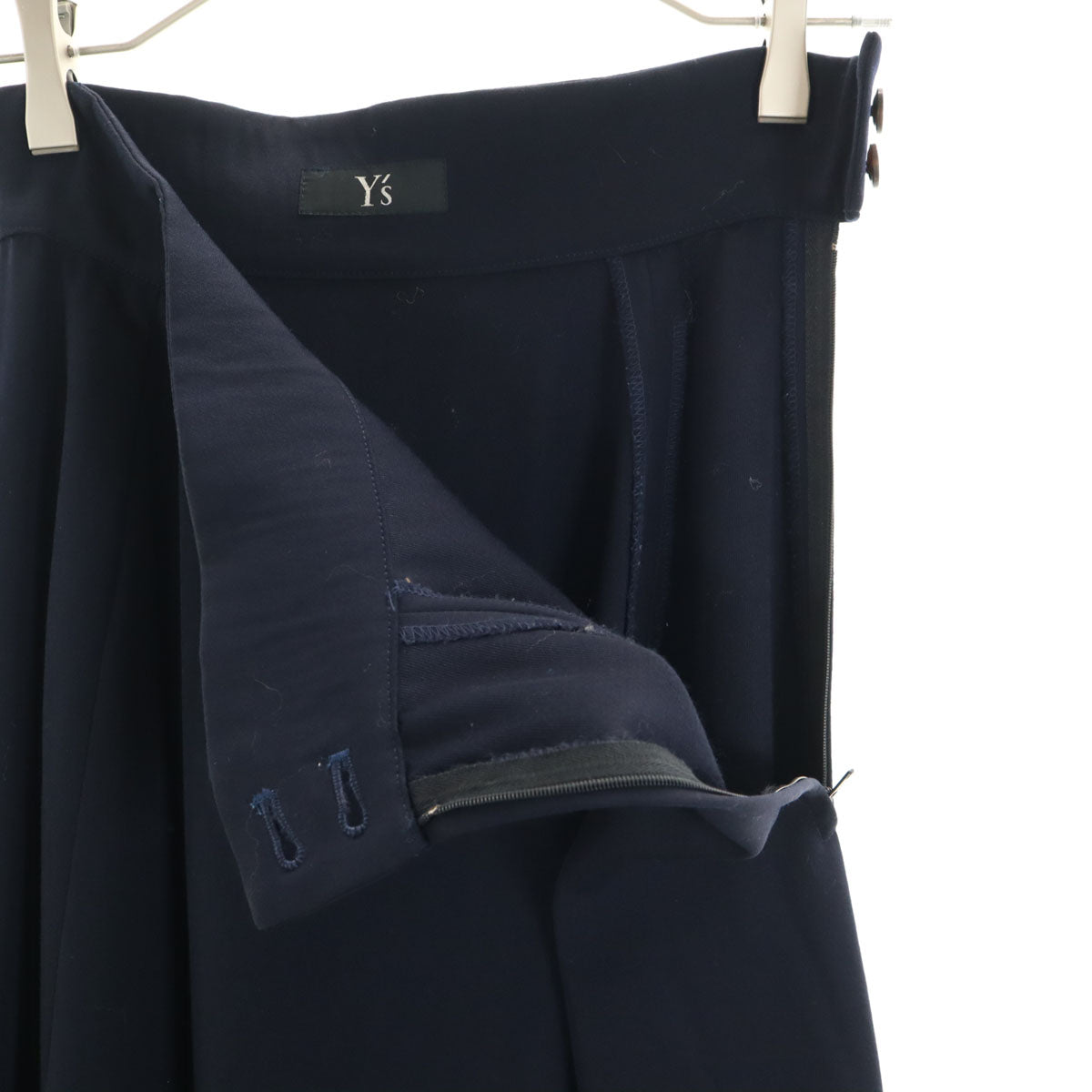 Y's ワイズ 日本製 ウール100% ロング丈 フレアスカート ネイビー レディース