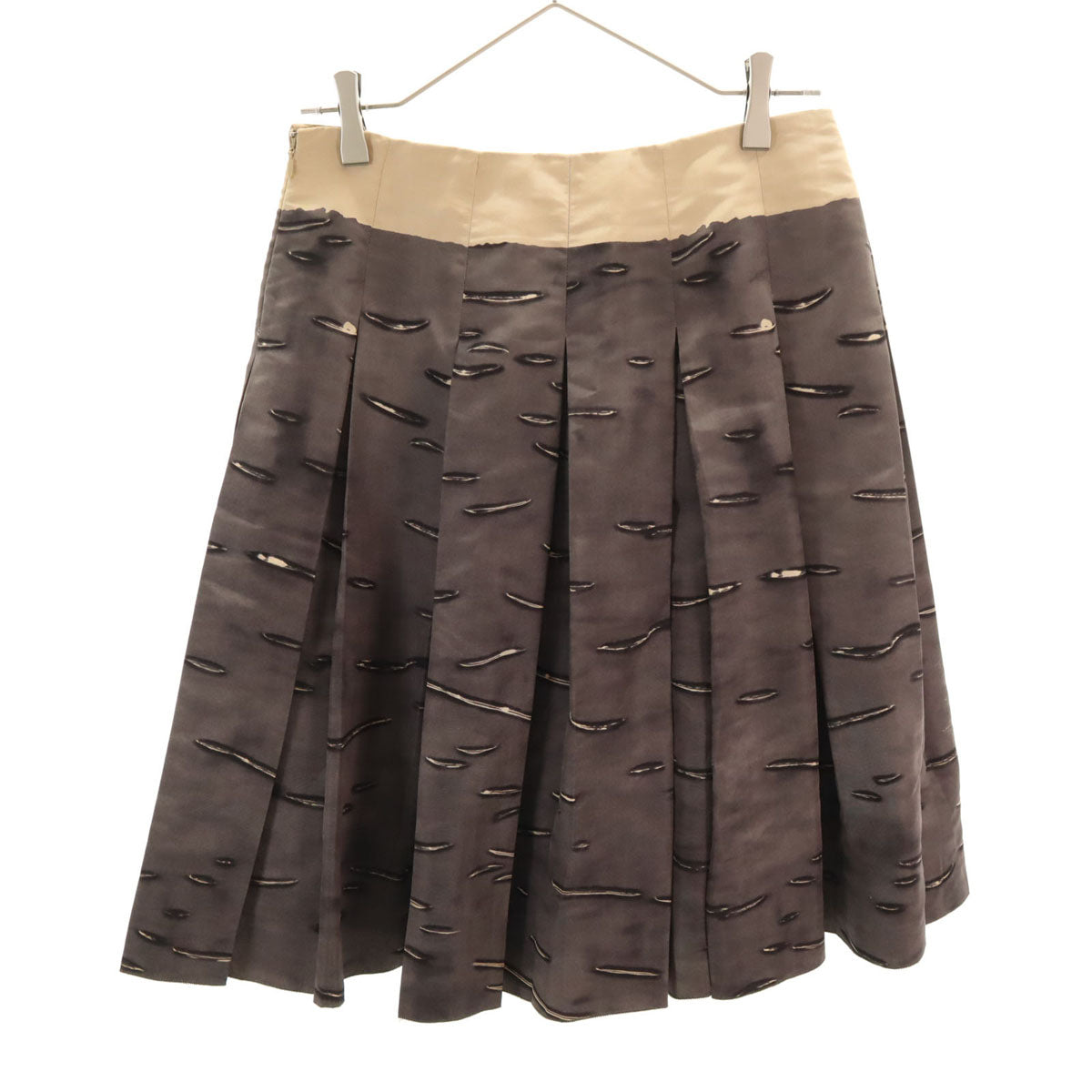 PRADA プラダ イタリア製 シルク 総柄 ミディ丈 プリーツスカート 38 チャコールグレー レディース