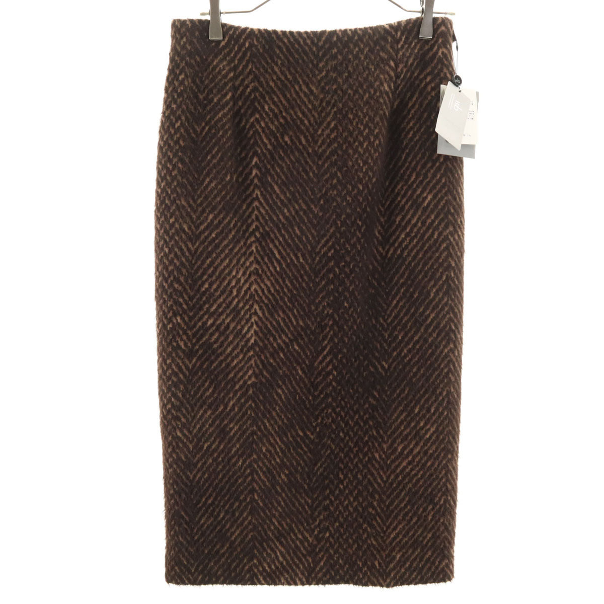 未使用 wb ダブルビー 日本製 アルパカブレンド 総柄 ミモレ丈 タイトスカート 40 ブラウン レディース