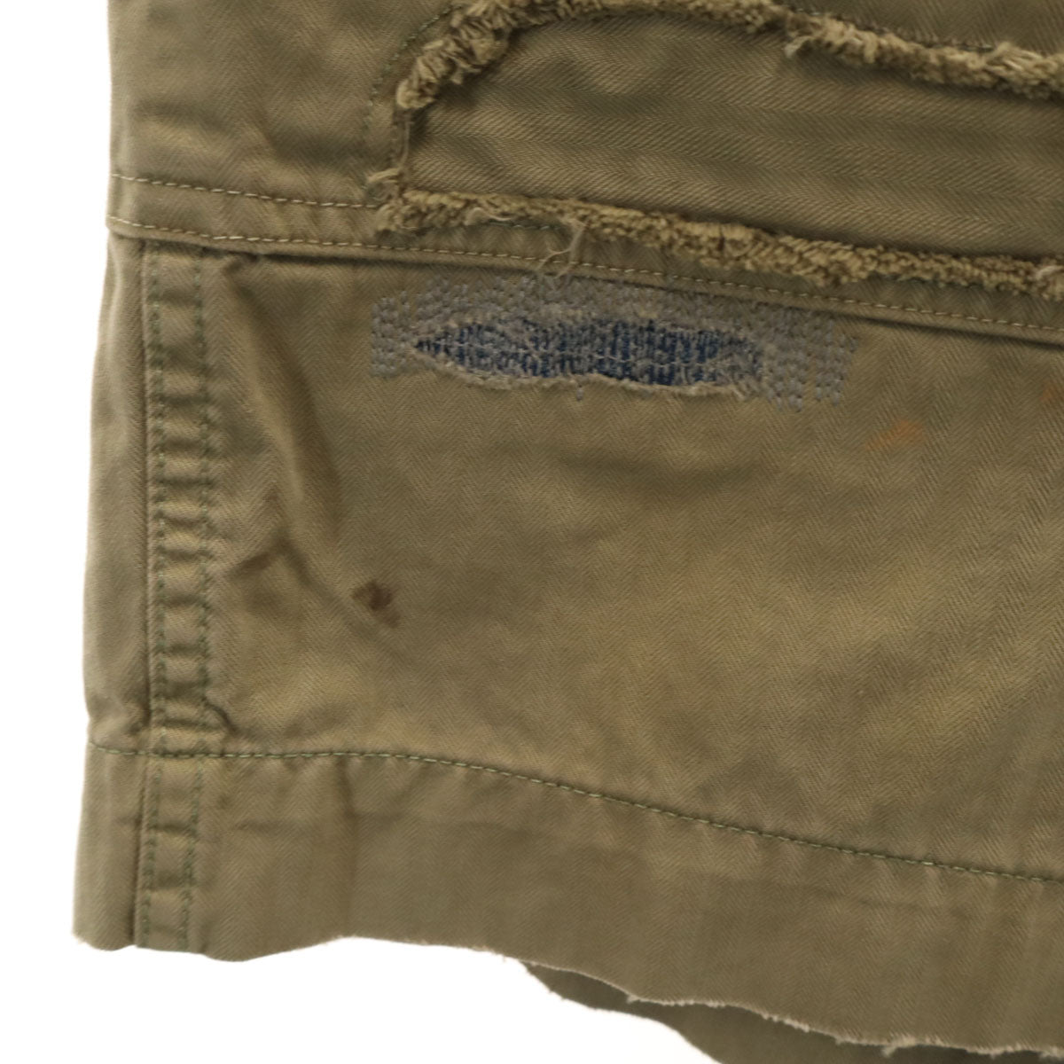 ダブルアールエル RRL ヘリンボーン リペア加工 ショートパンツ W30 オリーブ系 RALPH LAUREN ラルフローレン メンズ