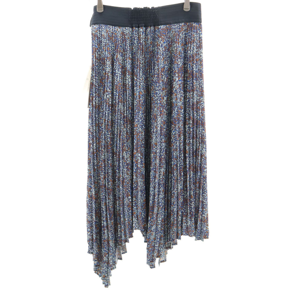 未使用 ジアディ 日本製 総柄 ロング丈 アシンメトリー プリーツスカート 38 ネイビー系 タグ付き レディース