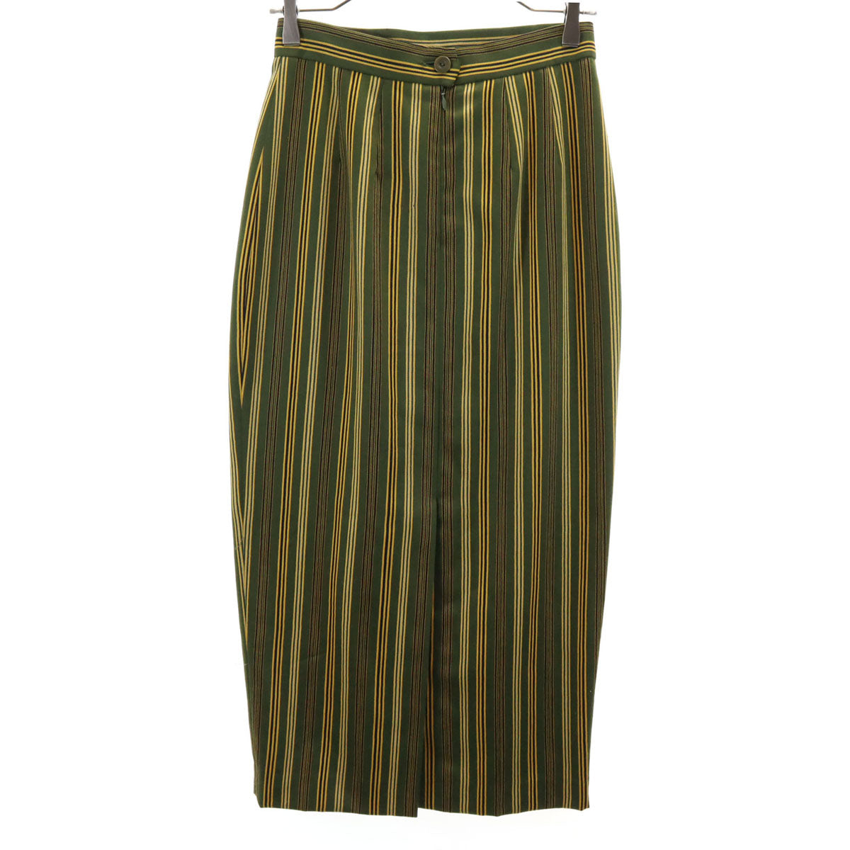 KENZO ケンゾー 90s ウール100% フランス製 オールド ストライプ柄 ミモレ丈 タイトスカート 38 グリーン系 レディース