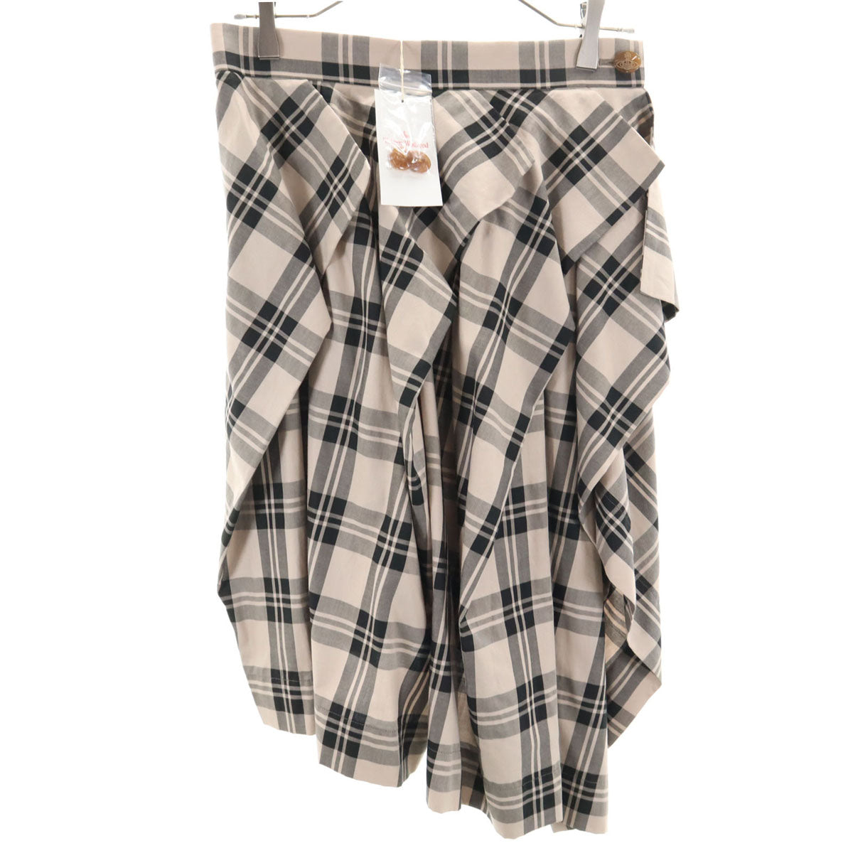 未使用 Vivienne Westwood RED LABEL ヴィヴィアンウエストウッドレッドレーベル 日本製 チェック ミモレ丈 アシンメトリー ラップスカート 2 ベージュ×ブラック レディース