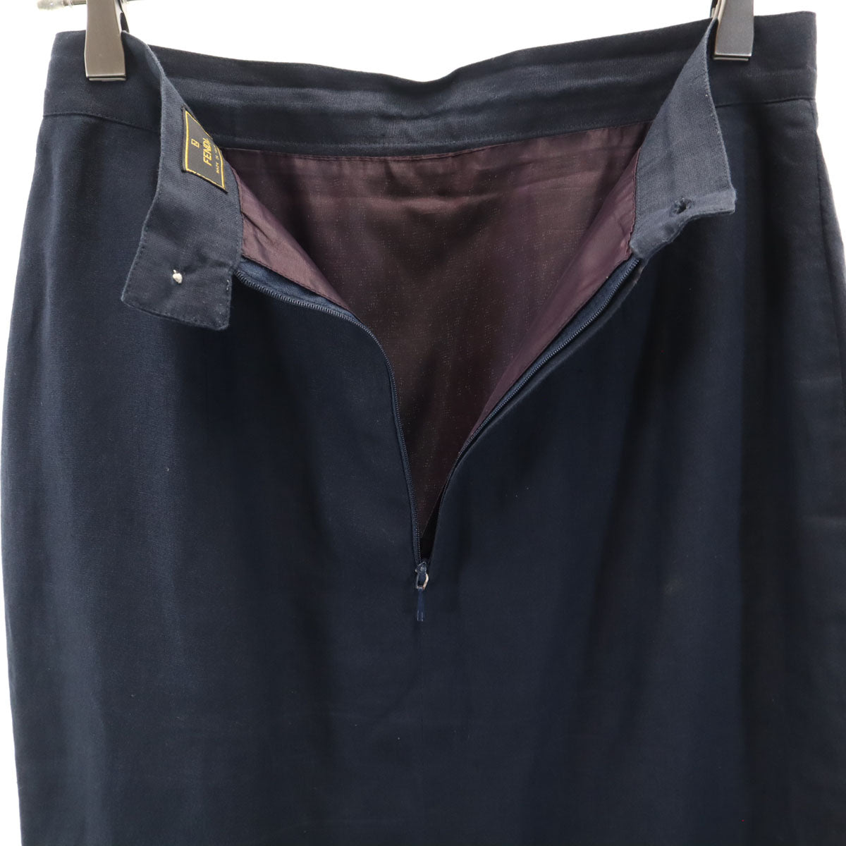 FENDI フェンディ イタリア製 リネン ミモレ丈 タイトスカート 42 ネイビー レディース