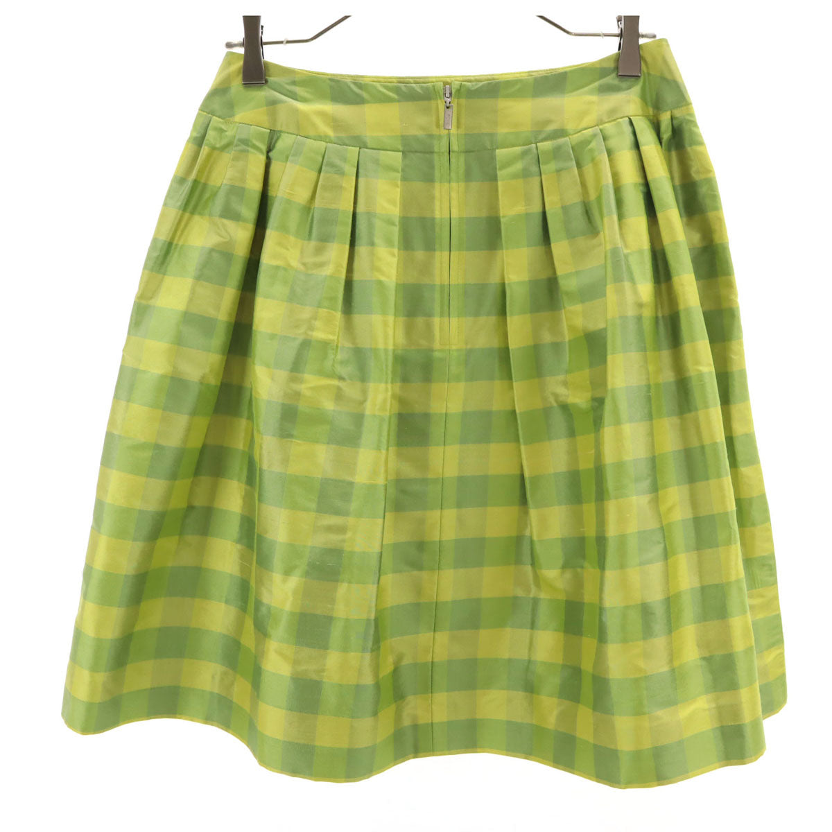 未使用 FOXEY フォクシー 日本製 シルク チェック柄 ミディ丈 フレアスカート 40 黄緑 レディース