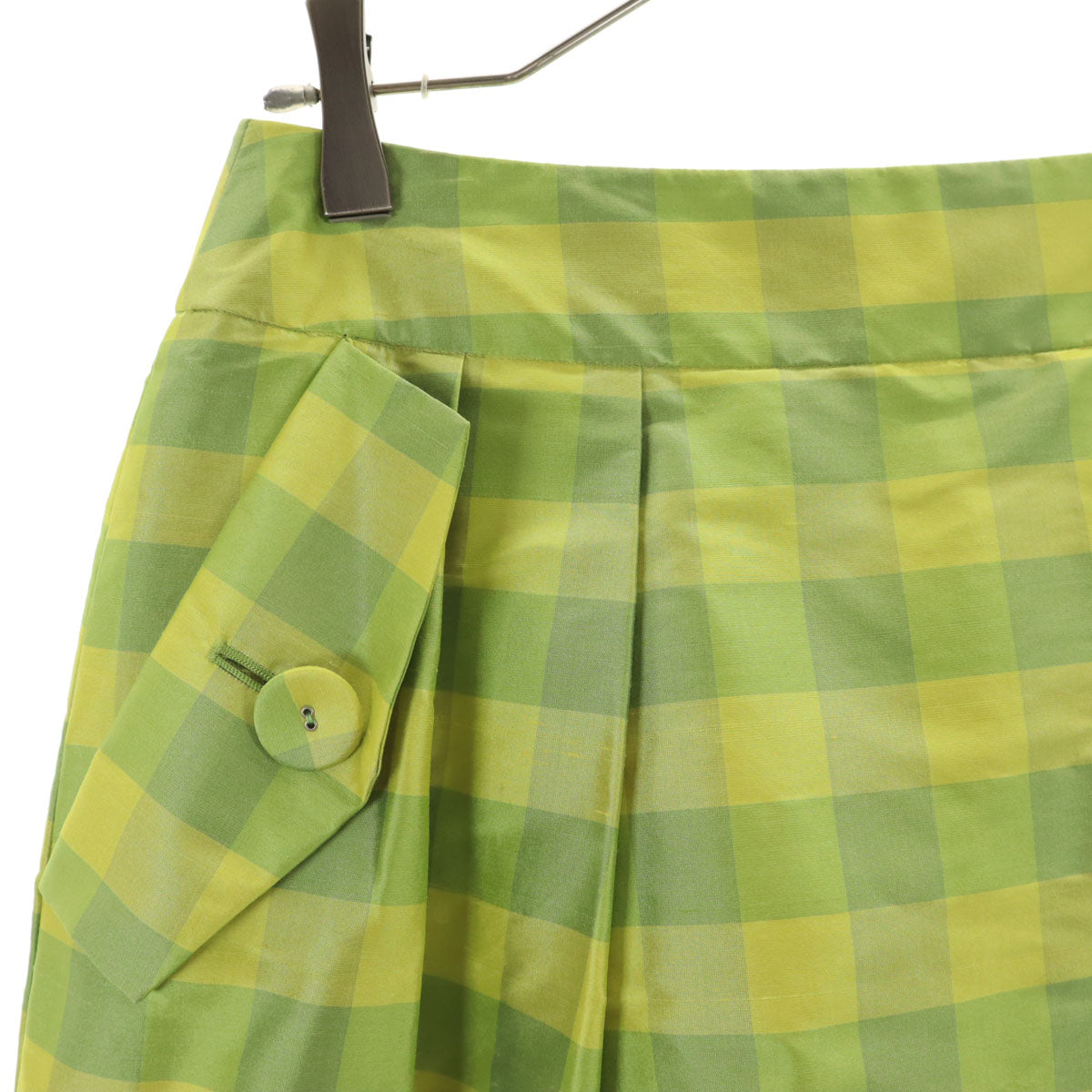 未使用 FOXEY フォクシー 日本製 シルク チェック柄 ミディ丈 フレアスカート 40 黄緑 レディース