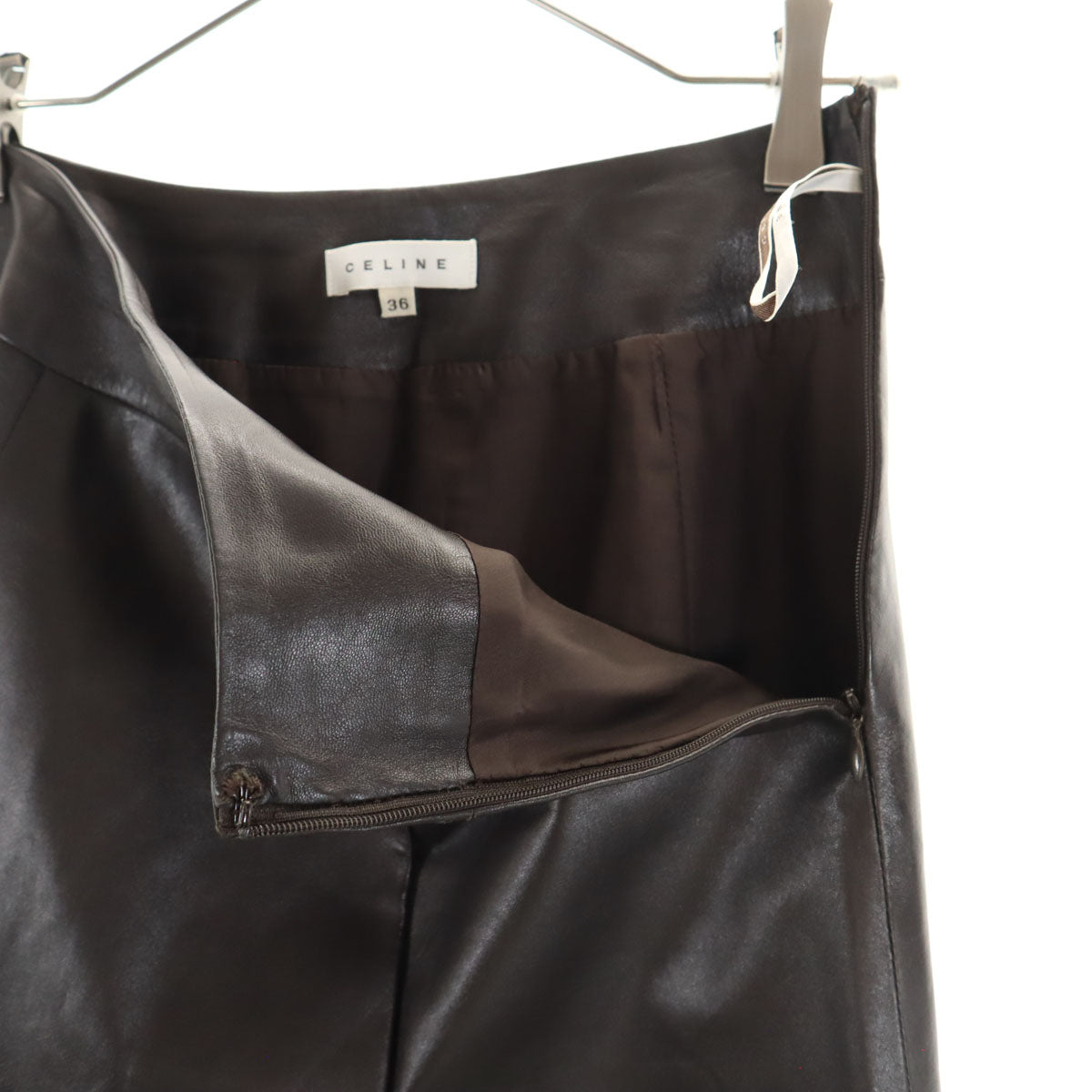 CELINE セリーヌ フランス製 ラムレザー ミディスカート 36 ダークブラウン系 レディース