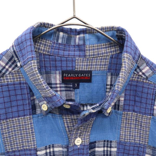 PEARLY GATES パーリーゲイツ チェック柄 ゴルフ 半袖 ボタンダウンシャツ 3 ブルー パッチワーク メンズ