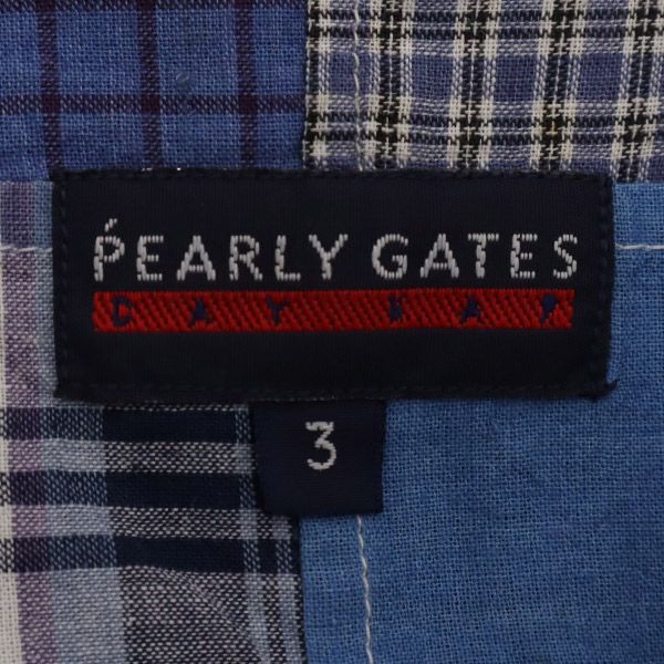PEARLY GATES パーリーゲイツ チェック柄 ゴルフ 半袖 ボタンダウンシャツ 3 ブルー パッチワーク メンズ