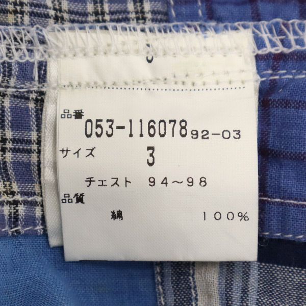 PEARLY GATES パーリーゲイツ チェック柄 ゴルフ 半袖 ボタンダウンシャツ 3 ブルー パッチワーク メンズ