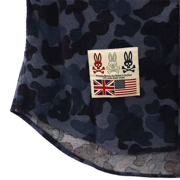 Psycho Bunny サイコバニー 迷彩 長袖 シャツ S ブルー系 ロゴワッペン ゴルフ メンズ