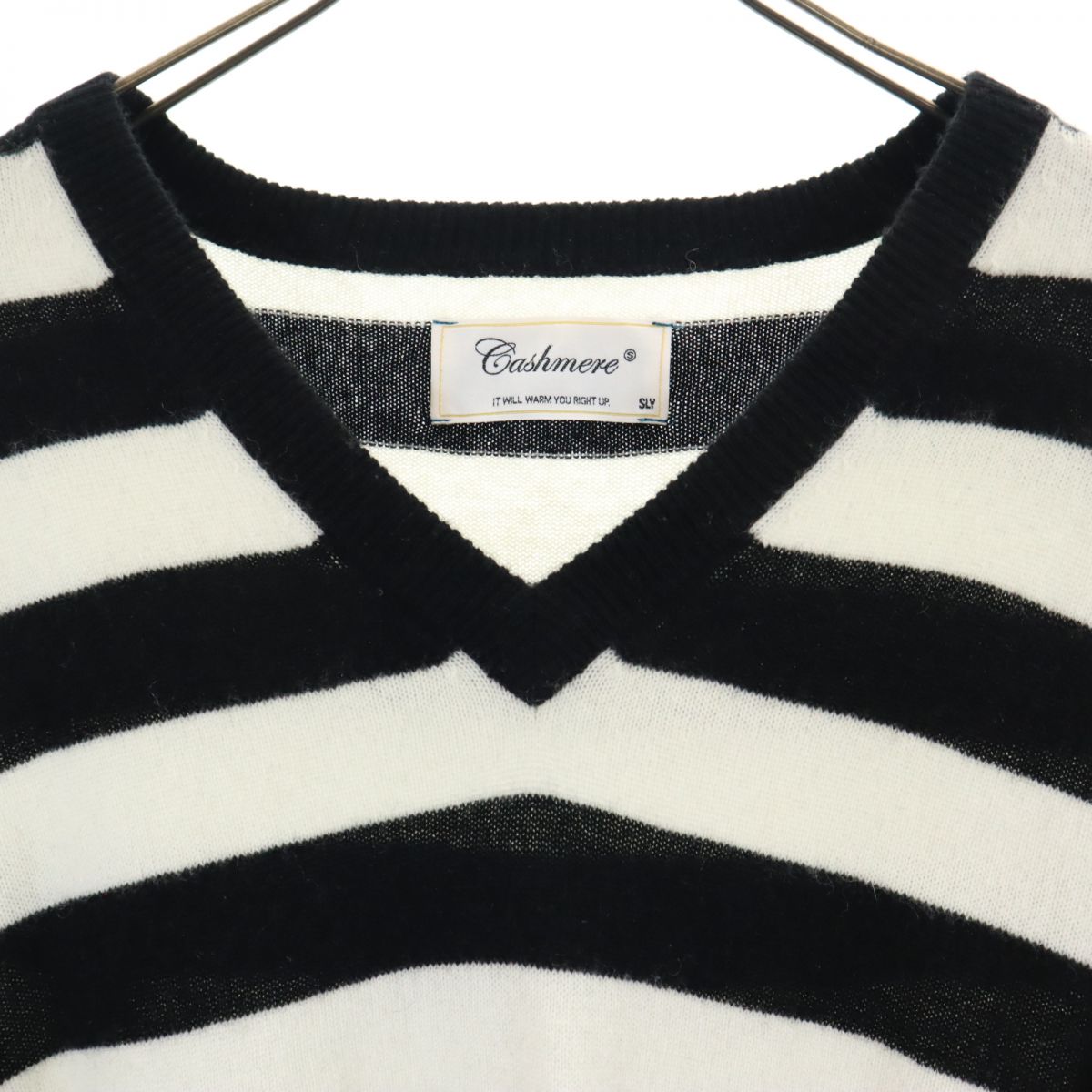 スライ ボーダー柄 長袖 カシミヤ100% Vネック ニット 1 ブラック×ホワイト SLY セーター レディース
