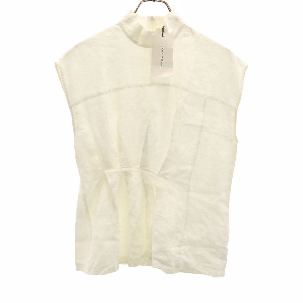 ザラウーマン 未使用 リネン ノースリーブ ブラウス S ホワイト ZARA WOMAN カットソー バックジップ プリーツ レディース