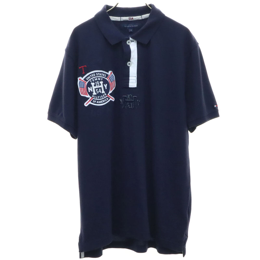 トミーヒルフィガー 半袖 ポロシャツ XL ネイビー TOMMY HILFIGER 鹿の子地 メンズ