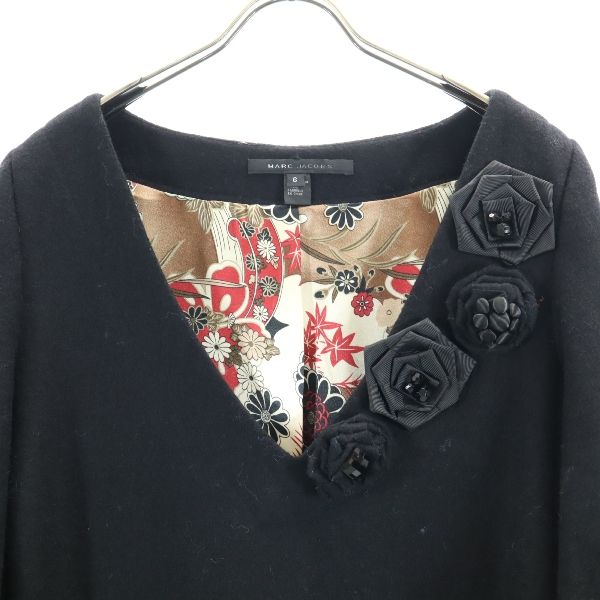 MARC JACOBS マークジェイコブス ウールブレンド 7分袖 Vネック ワンピース 6 黒 チュニック レディース