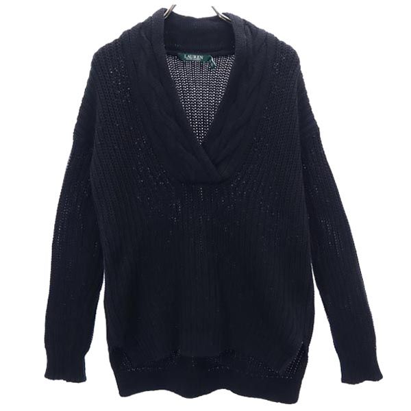 RALPH LAUREN ラルフローレン ケーブル編み 長袖 Vネック コットンニット セーター XXS 黒 レディース