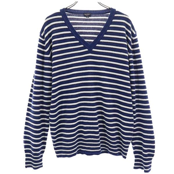 Paul Smith ポールスミス 日本製 カシミヤブレンド ボーダー 長袖 Vネック ニット M 紺系 セーター メンズ