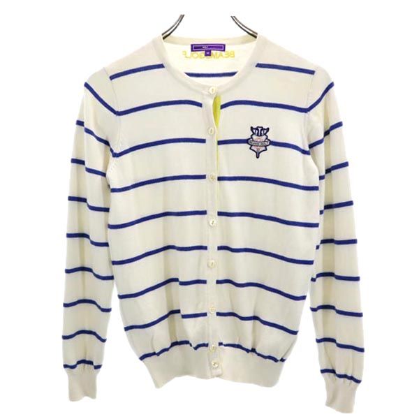 BEAMS ビームス カシミヤブレンド ボーダー柄 ロゴ刺繍 ゴルフ 長袖 ニットカーディガン M ホワイト×ブルー レディース