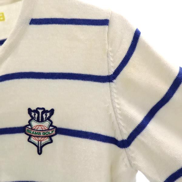 BEAMS ビームス カシミヤブレンド ボーダー柄 ロゴ刺繍 ゴルフ 長袖 ニットカーディガン M ホワイト×ブルー レディース