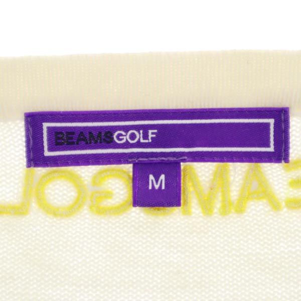 BEAMS ビームス カシミヤブレンド ボーダー柄 ロゴ刺繍 ゴルフ 長袖 ニットカーディガン M ホワイト×ブルー レディース