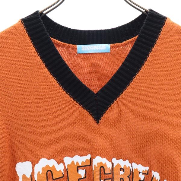 ICE CREAM アイスクリーム ロゴプリント Vネック ニットベスト L オレンジ系 メンズ