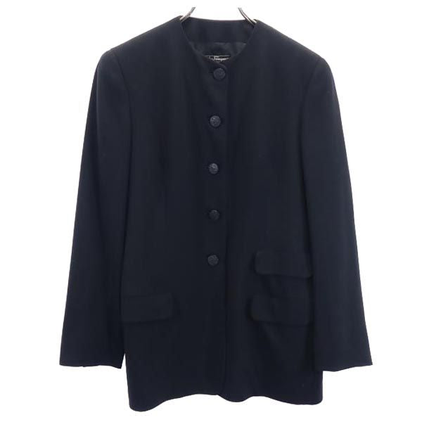 Salvatore Ferragamo サルヴァトーレフェラガモ イタリア製 ウール ノーカラージャケット 40 ブラック系 レディース