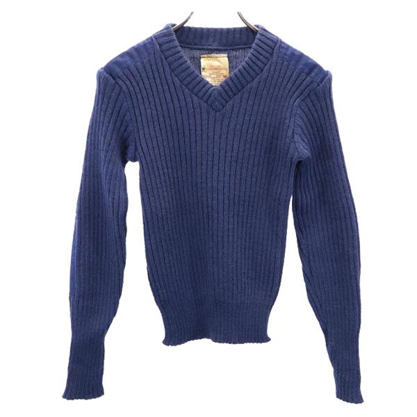 英国製 Vネック 長袖 エルボーパッチ Vネック コマンド ニット 02/83 ネイビー系 セーター レディース