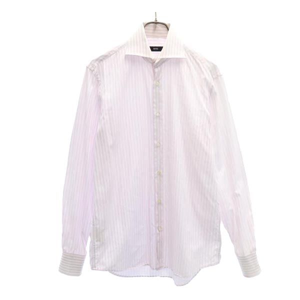 BOSS HUGO BOSS ボス ヒューゴボス ストライプ柄 長袖 シャツ 39 15 1／2 ホワイト×ピンク メンズ