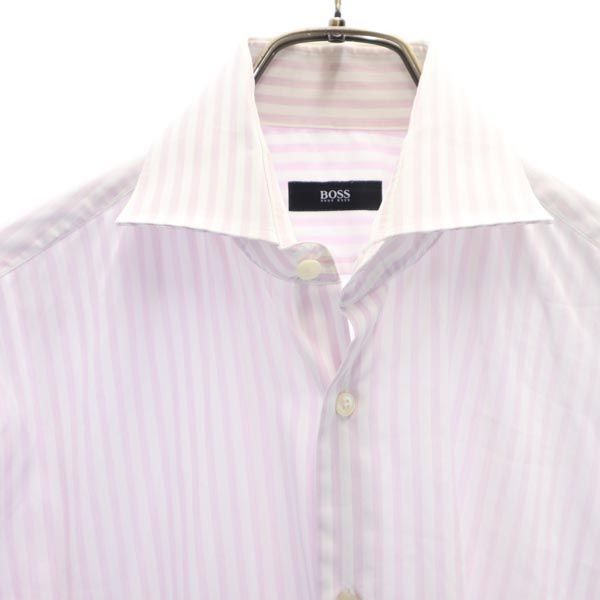 BOSS HUGO BOSS ボス ヒューゴボス ストライプ柄 長袖 シャツ 39 15 1／2 ホワイト×ピンク メンズ