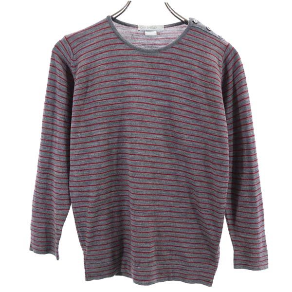 JOHN SMEDLEY ジョンスメドレー 英国製 ボーダー柄 長袖 ニット グレー×レッド セーター レディース