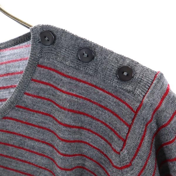 JOHN SMEDLEY ジョンスメドレー 英国製 ボーダー柄 長袖 ニット グレー×レッド セーター レディース
