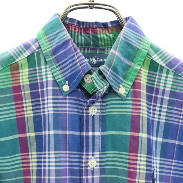 RALPH LAUREN ラルフローレン チェック 長袖 ボタンダウンシャツ S（8） グリーン系 ロゴ刺_ キッズ