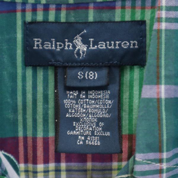 RALPH LAUREN ラルフローレン チェック 長袖 ボタンダウンシャツ S（8） グリーン系 ロゴ刺_ キッズ