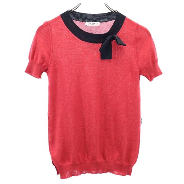 PRADA プラダ イタリア製 ウールシルクブレンド 半袖 デザイン ニット 38 レッド系 リボン レディース