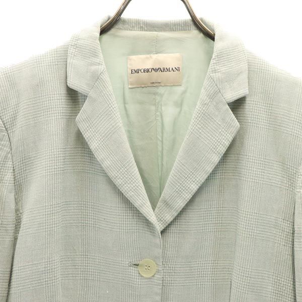 Emporio Armani エンポリオアルマーニ イタリア製 リネン シルクブレンド チェック柄 長袖 テーラードジャケット 40 グリーン系 メンズ