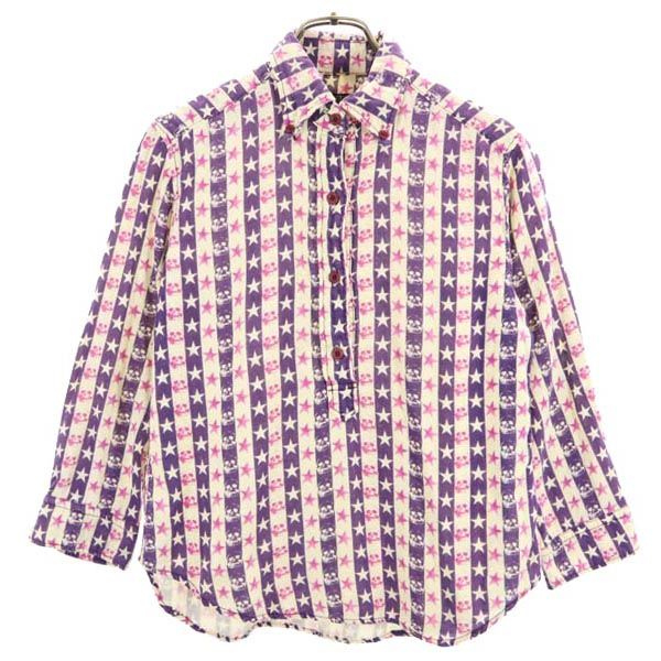 HYSTERIC ヒステリック 総柄 長袖 ボタンダウンシャツ パープル×ピンク ハーフボタン レディース
