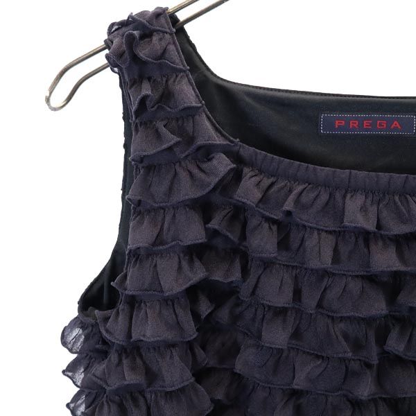 未使用 PREGA プレガ 日本製 ノースリーブ 段々フリル カットソー 38 ネイビー系 レディース