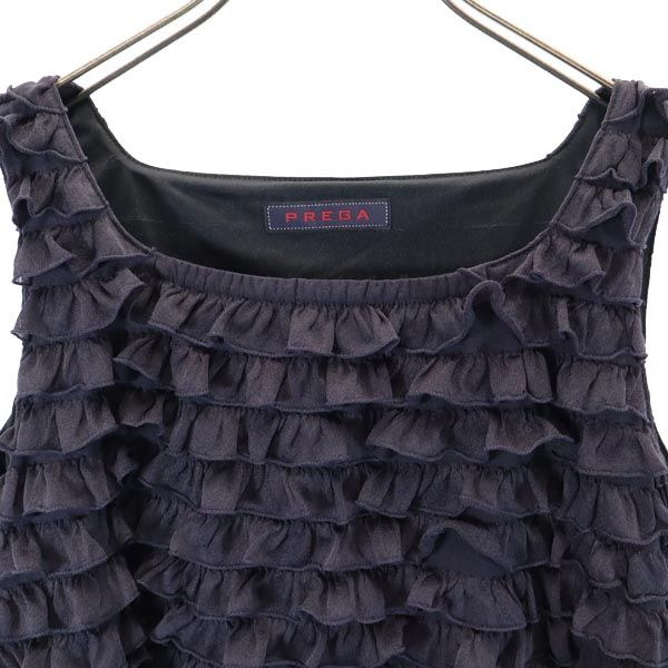 未使用 PREGA プレガ 日本製 ノースリーブ 段々フリル カットソー 38 ネイビー系 レディース