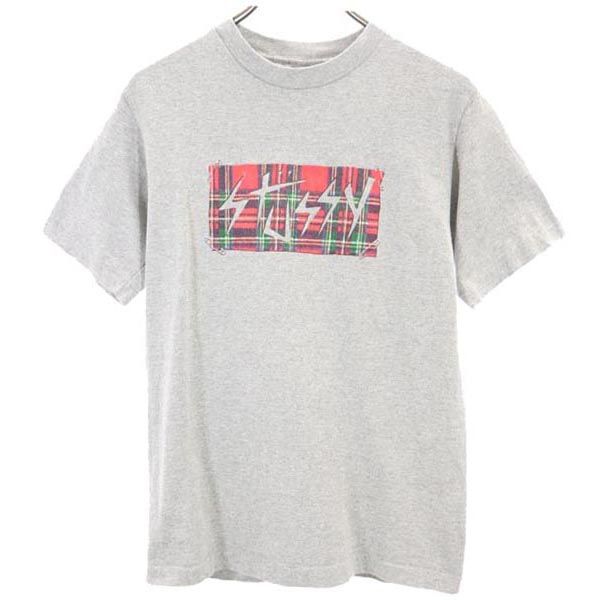 ステューシー 90s USA製 オールド チェック ロゴ プリント 半袖 Tシャツ S グレー STUSSY メンズ