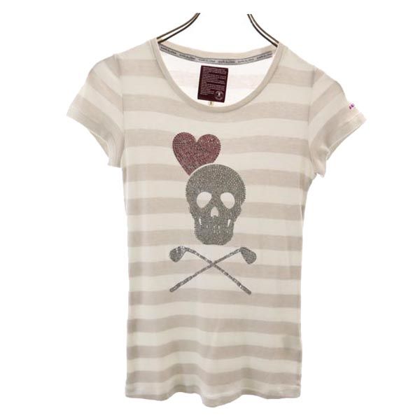 MARK&LONA マークアンドロナ ラインストーンスカル ボーダー柄 ゴルフ 半袖 Tシャツ S グレー×白 レディース